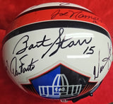 STARR, JOHN ELWAY, TROY AIKMAN, JOE MONTANA, JOE NAMATH Signed 16 HOF White Replica F/S Helmet. BECKETT