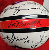 STARR, JOHN ELWAY, TROY AIKMAN, JOE MONTANA, JOE NAMATH Signed 16 HOF White Replica F/S Helmet. BECKETT