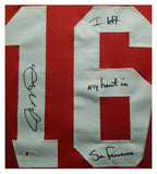 Joe Montana "I left My Heart in San Francisco" Autographed Red jersey Framed. Beckett Authentication