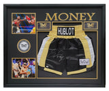 Floyd Mayweather Jr. "PRETTY BOY" Autographed "HUBLOT" "FUN DUAL" Black, Gold Boxing Trunks Frame. Beckett