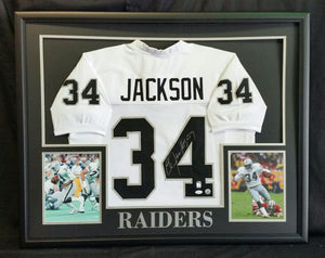 Bo Jackson "Raiders" Autographed White jersey Custom Framed, Includes two (2) 8x10's. Beckett