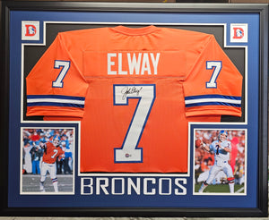 John Elway "Denver Broncos" Autographed Orange Custom jersey frame outside size framed 32x40 Mat Finish Frame. JSA