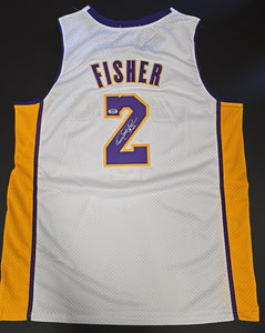Derek Fisher "Los Angeles Lakers" Autographed White & Yellow Jersey size XL. PSA Witness