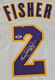 Derek Fisher "Los Angeles Lakers" Autographed White & Yellow Jersey size XL. PSA Witness