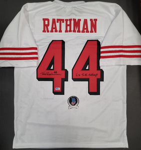 Tom Rathman "San Francisco 49ers" Autographed WHITE THROWBACK Custom jersey size XL. Beckett