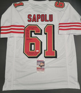 Jesse Sapolu "San Francisco 49ers" Autographed White Throwback Jersey Custom size XL. JSA
