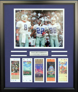 "Cowboys Triples" Aikman, Emmitt, Irvin 11x14 Photo w/Facsimile Tickets Frame