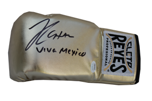 Julio Cesar Chavez Autographed Cleto Reyes Gold Boxing Glove "Viva Mexico" Inscription JSA
