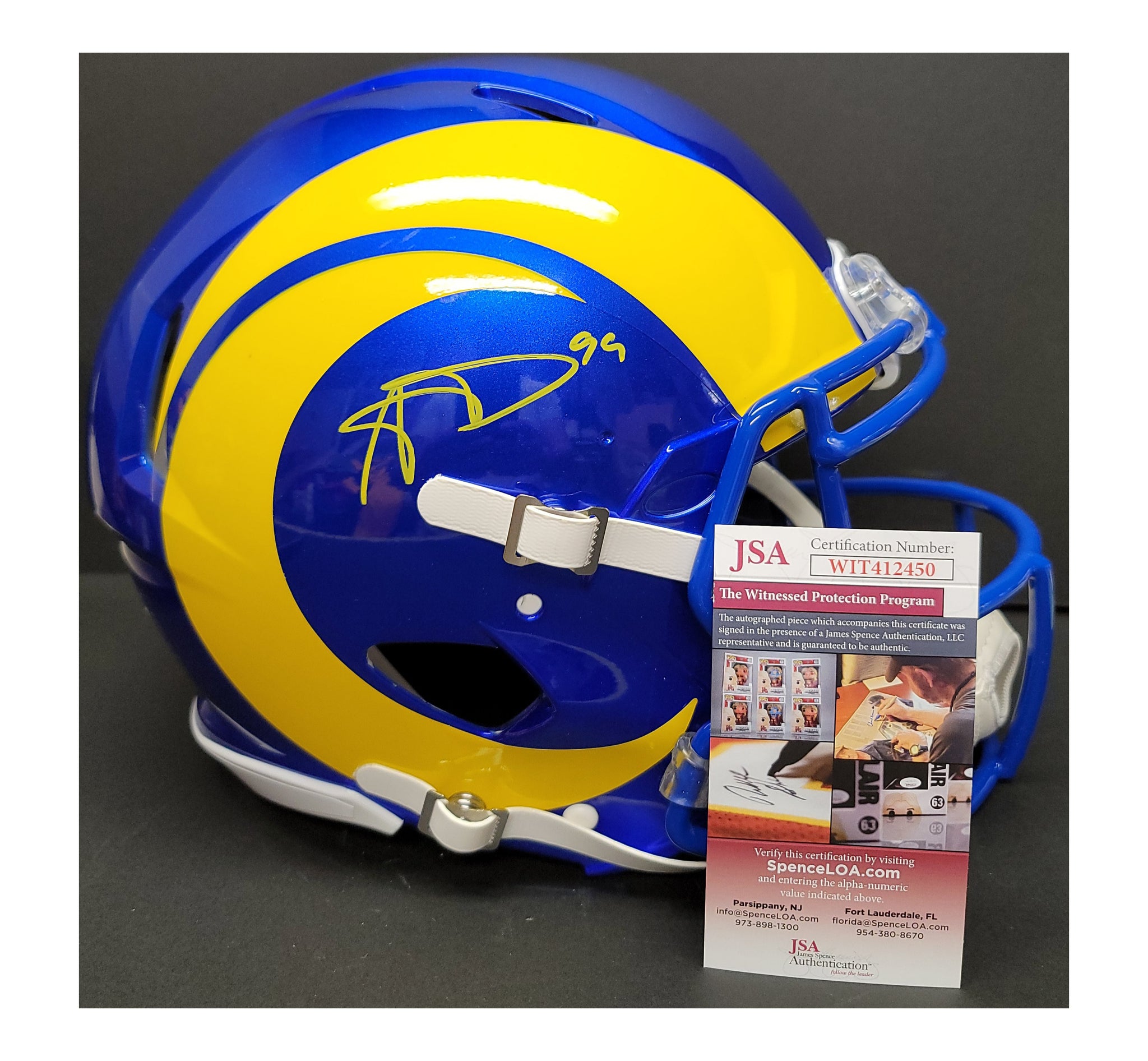 autographed football helmet values Aaron Donald Autographed Los Angeles Rams Full Size Proline Speed Ridd – EMPIRE SPORTS USA