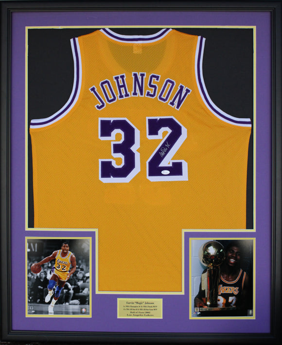 Magic Johnson  Autographed Lakers Yellow Jersey Framed. JSA Wittness