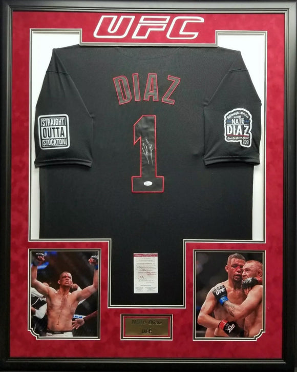 Nate Diaz Autographed UFC Black Custom Jersey framed. JSA