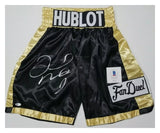 Floyd Mayweather Jr. "PRETTY BOY" Autographed "HUBLOT" FAN DUEL Boxing Black & Gold Trunks. Beckett