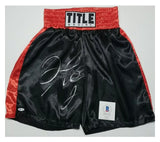 Floyd Mayweather Jr. "PRETTY BOY" Autographed "TITTLE"  Black & Red Boxing Trunks. Beckett