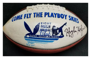 Hugh Hefner "PLAY BOY" "COME FLY THE PLAYBOY SKIES" Autographed Painted Wilson Football. JSA